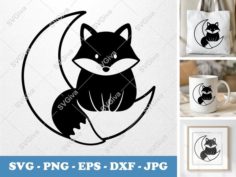 Fox SVG Cut File, Modern Fox on Moon Clipart for Cricut, Silhouette | PNG EPS DXF Vector Digital Download