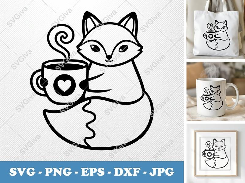 Fox SVG Cut File, Modern Fox with Coffee Mug | PNG EPS DXF for Cricut & Silhouette, Digital Download, Cafe Animal Clipart