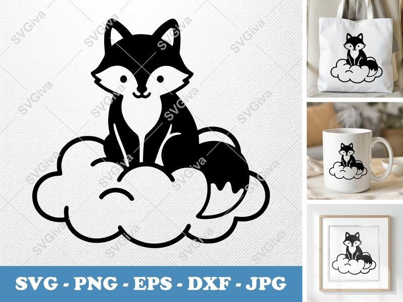 Fox SVG Cut File | Sitting on Cloud Clipart | Modern Animal Vector for Cricut, Silhouette | PNG EPS DXF Digital Download