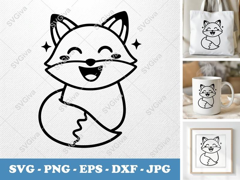 Fox SVG, Happy Fox Cut File, Kawaii Fox Clipart, Smiling Animal Vector for Cricut, Silhouette | PNG EPS DXF