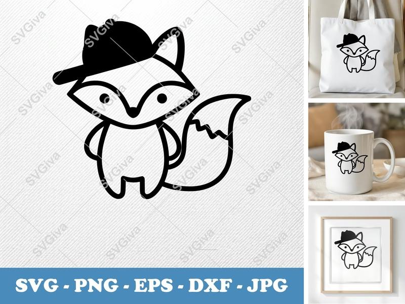 Fox SVG Modern | Cute Fox with Hat Vector | PNG EPS DXF for Cricut, Silhouette | Animal Outline Cut File