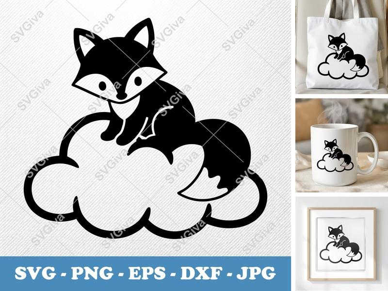 Fox SVG on Cloud | Cute Modern Animal Design for Cricut & Silhouette | PNG, EPS, DXF Cut File | Nursery Decor