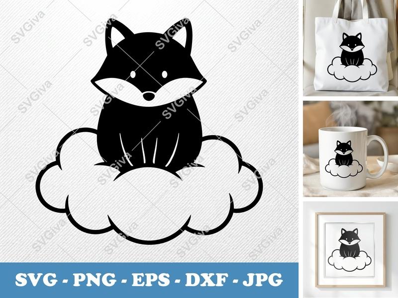 Fox SVG on Cloud, Modern Clean Design Cut File, PNG EPS DXF for Cricut, Silhouette, Animal Clipart Vector