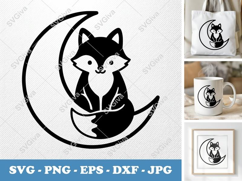Fox SVG on Moon | Cute Animal Cut File PNG EPS DXF | Cricut & Silhouette Vinyl Decal