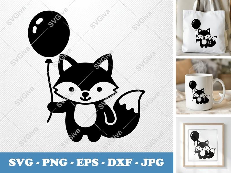 Fox SVG with Balloon | Cute Forest Animal Clipart | PNG EPS DXF for Cricut Silhouette Vinyl Decal Craft