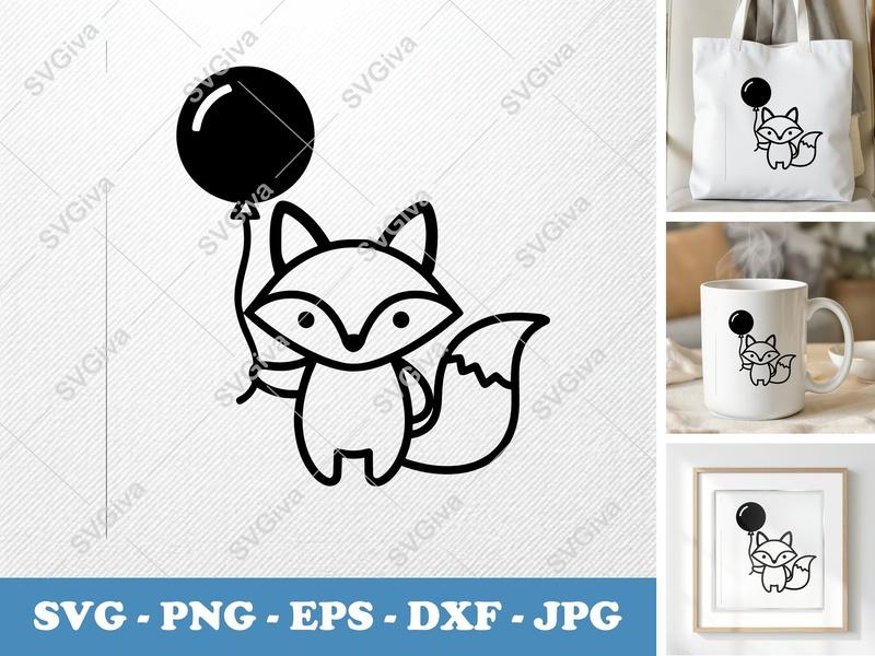 Fox SVG with Balloon | Cute Woodland Animal Cut File, Modern Clean Design, PNG EPS DXF for Cricut Silhouette