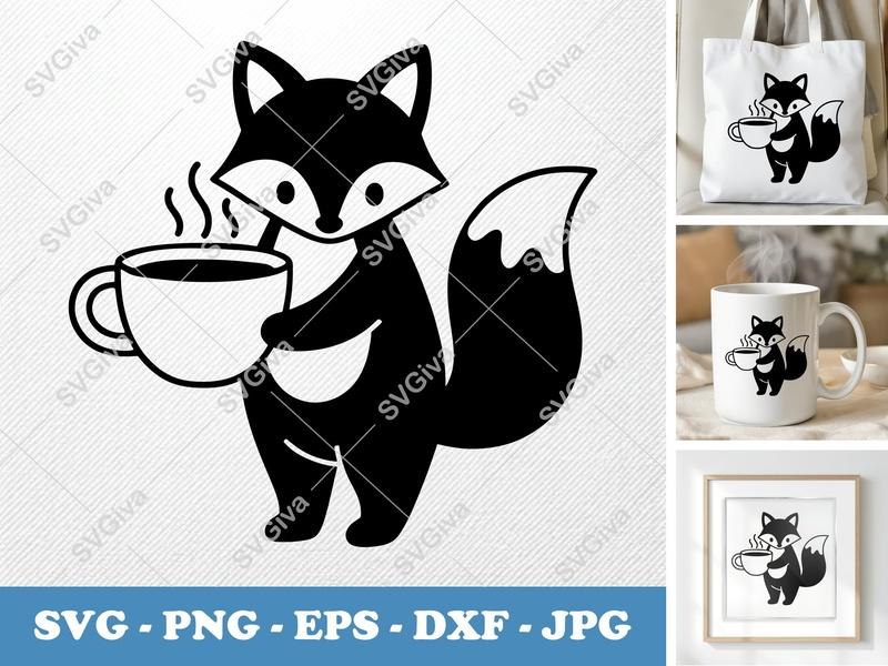Fox SVG with Coffee Cup | Cute Fox Clipart | Modern Animal Cut File for Cricut & Silhouette | PNG EPS DXF Vector