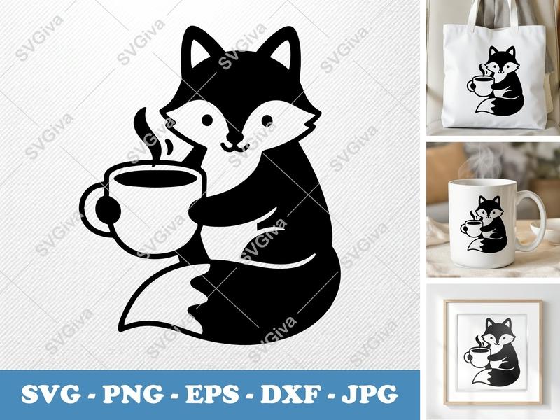 Fox SVG with Coffee Cup | Cute Modern Clean Design | PNG, EPS, DXF for Cricut & Silhouette Machines