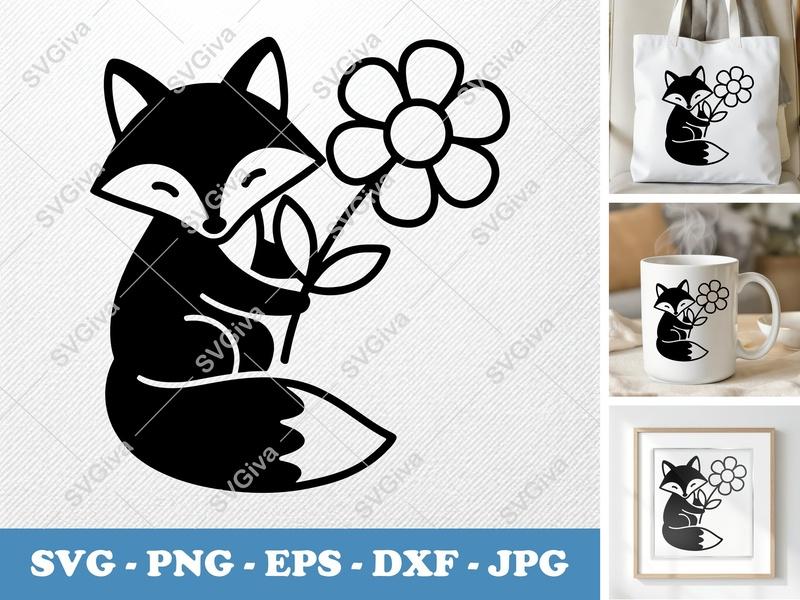 Fox SVG with Flower, Cute Animal Clipart, Modern Design Cut File | PNG EPS DXF for Cricut Silhouette