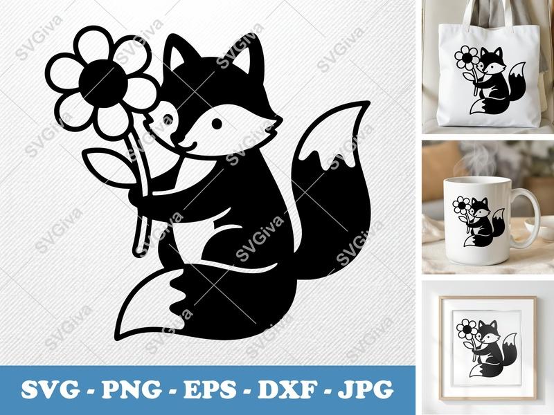 Fox SVG with Flower | Cute Animal Design, Cartoon Foxy SVG, PNG, EPS, DXF Cut File for Cricut, Silhouette