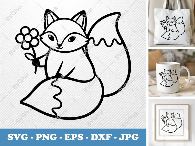 Fox SVG with Flower | Cute Animal Design | PNG EPS DXF for Cricut & Silhouette | Outline Line Art Cut File