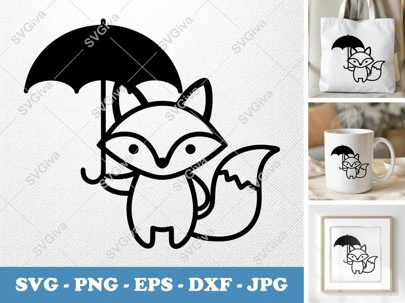 Fox SVG with Umbrella | Cute Animal Clipart, Modern Outline Design | PNG EPS DXF for Cricut & Silhouette