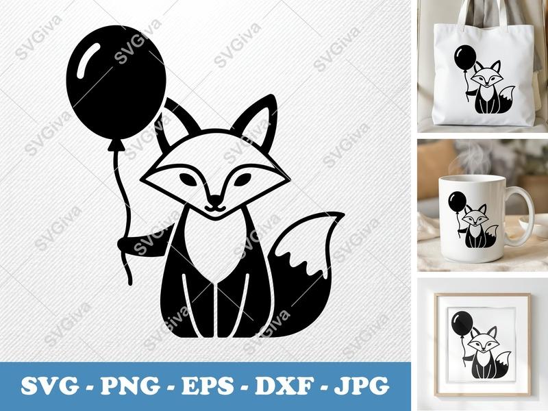 Fox with Balloon SVG, Puffy & Soft Shapes, Inflated Pillow-Soft Design | PNG DXF EPS | Cricut Silhouette File