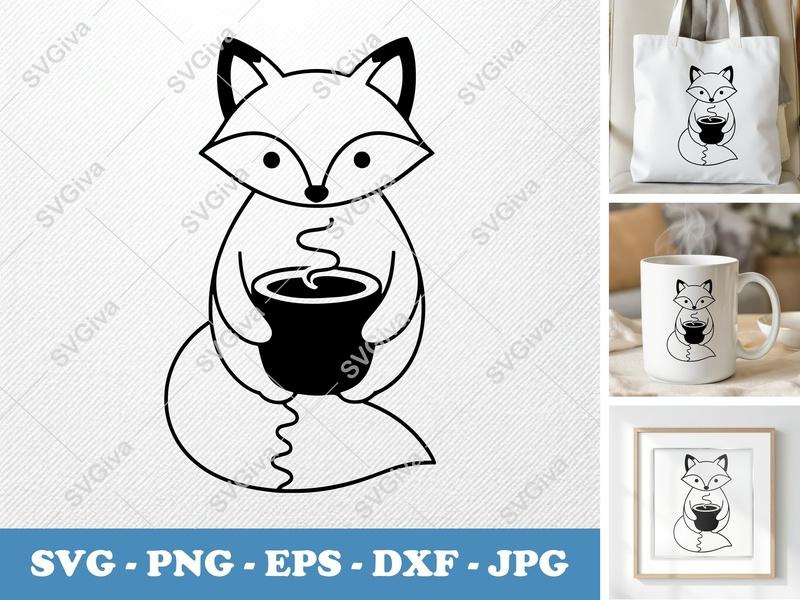 Fox with Coffee Cup SVG | Puffy Pillow-Soft Style | PNG DXF EPS | Cricut Silhouette File