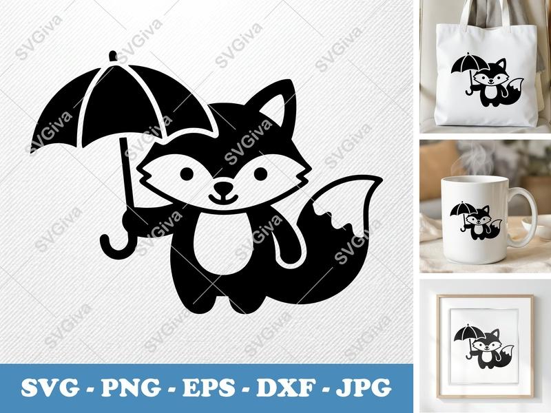 Fox with Umbrella SVG | Cute Cartoon Fox PNG EPS DXF | Modern Animal Cut File for Cricut Silhouette