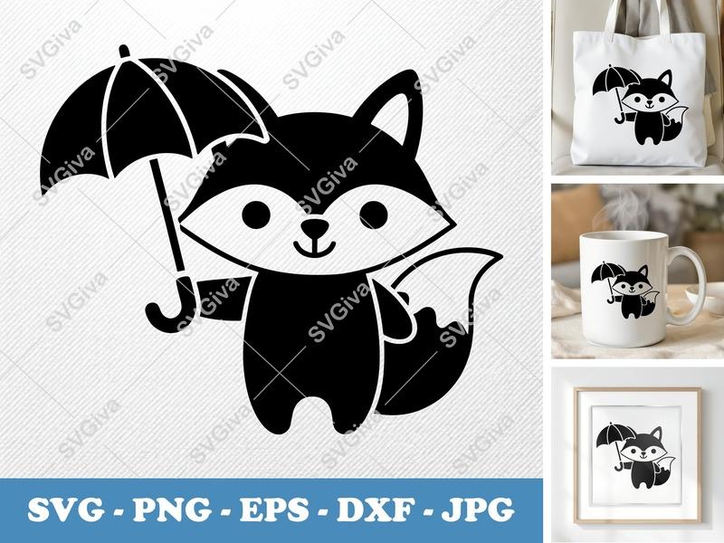 Fox with Umbrella SVG, PNG, EPS, DXF | Cute Woodland Animal Cut File for Cricut & Silhouette