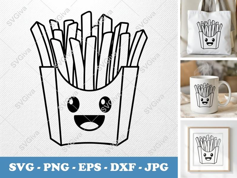 French Fries Kawaii Face SVG | Cute Fast Food Outline PNG, EPS, DXF | Cricut Silhouette Cut File
