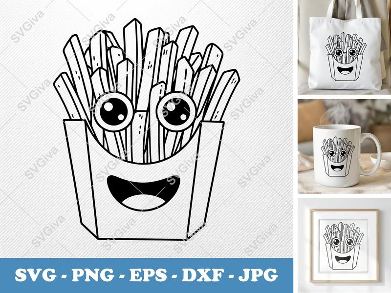 French Fries SVG, Cute Kawaii French Fry Box with Face, PNG EPS DXF for Cricut, Silhouette, Fast Food Cut File, Outline Design