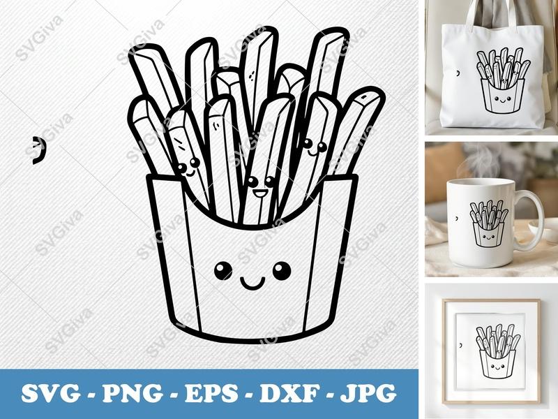 French Fries SVG | Cute Kawaii Fry Box Cut File | Happy Food Clipart | PNG EPS DXF for Cricut, Silhouette | Fast Food Vector