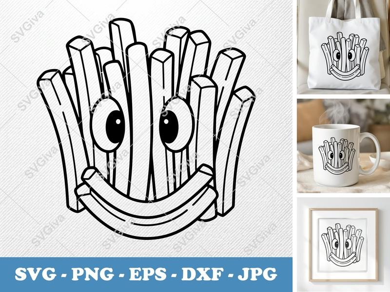 French Fries SVG | Happy Face Potato Sticks Cut File | PNG EPS DXF for Cricut & Silhouette | Fast Food Clipart Outline