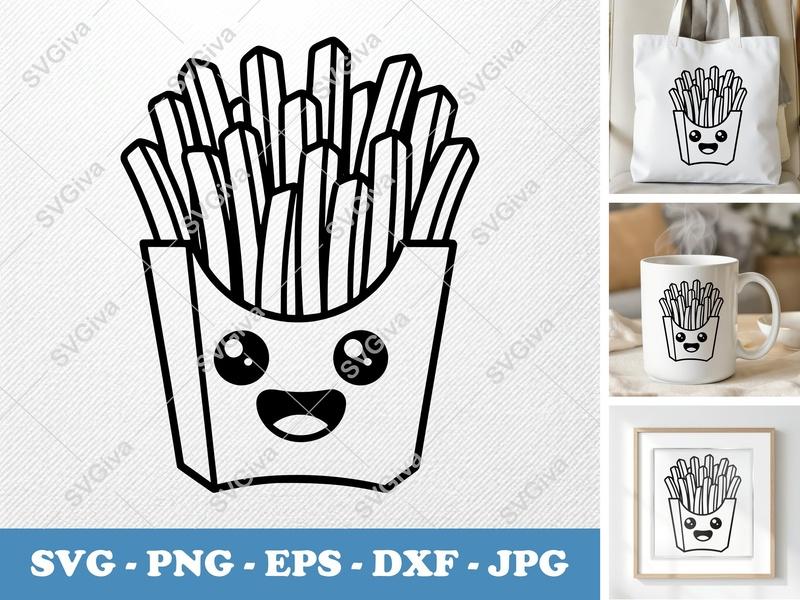 French Fries SVG | Kawaii Happy Face Food Clipart | PNG EPS DXF for Cricut, Silhouette | Fast Food Outline Cut File
