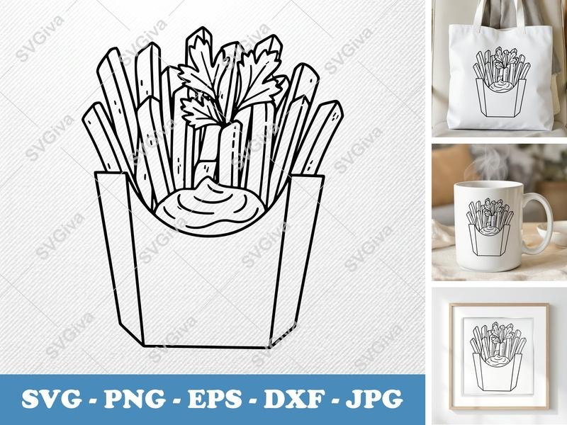 French Fries SVG | Modern Clean Design with Dip & Parsley | PNG EPS DXF for Cricut & Silhouette | Fast Food Outline Clipart