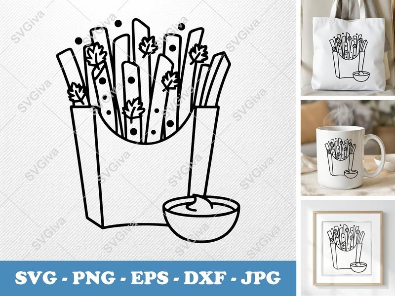 French Fries SVG | Modern Outline Parsley Dots | PNG EPS DXF | Cricut Silhouette Cut File | Fast Food Clipart