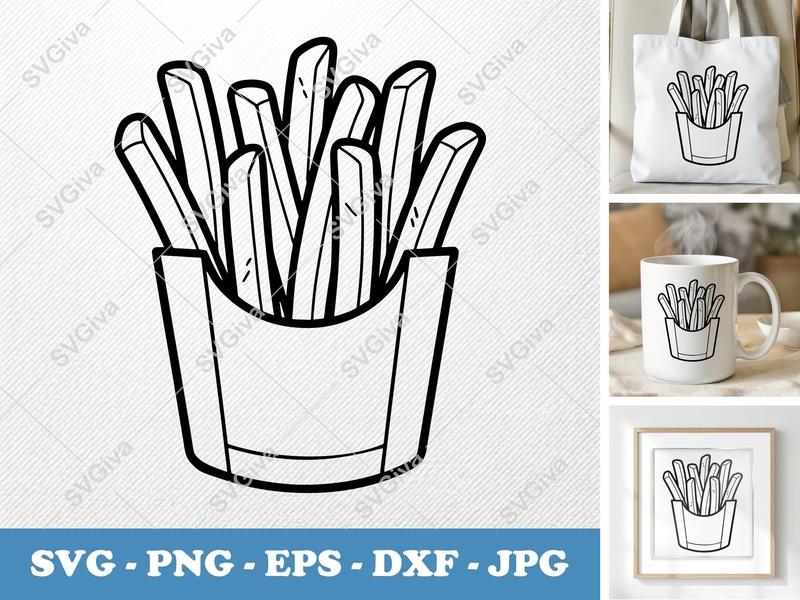 French Fries SVG | Outline Cartoon Snack Cut File | PNG EPS DXF for Cricut, Silhouette | Fast Food Vector Clipart