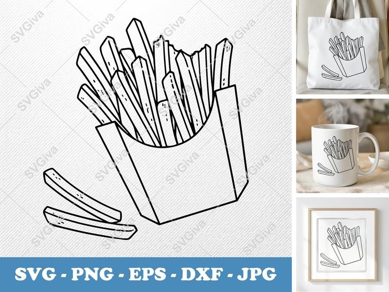 French Fries SVG | Outline Cut File, Fast Food PNG, EPS, DXF | Cricut, Silhouette | Modern Snack Clip Art