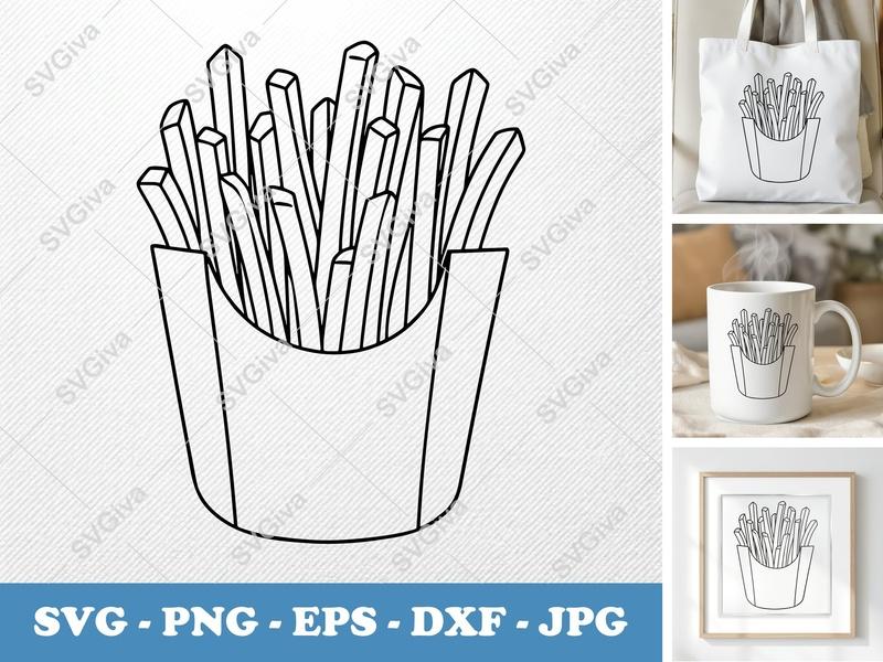 French Fries SVG | Outline Cut File, Fast Food PNG, EPS, DXF | Cricut, Silhouette | Modern Snack Clipart Vector