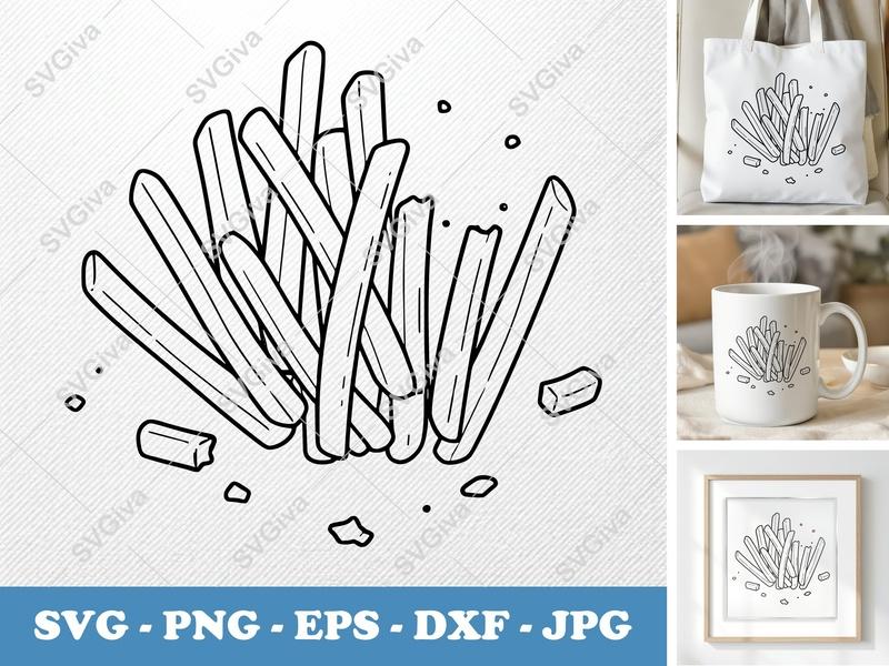 French Fries SVG | Partially Eaten Minimalist Outline | Bold Black Contour Cut File for Cricut Silhouette | PNG DXF EPS