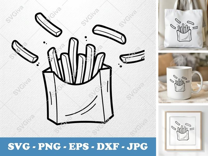 French Fries SVG | Potato Fry Outline Clipart | Fast Food Snack Cut File | PNG EPS DXF for Cricut Silhouette | Modern Design