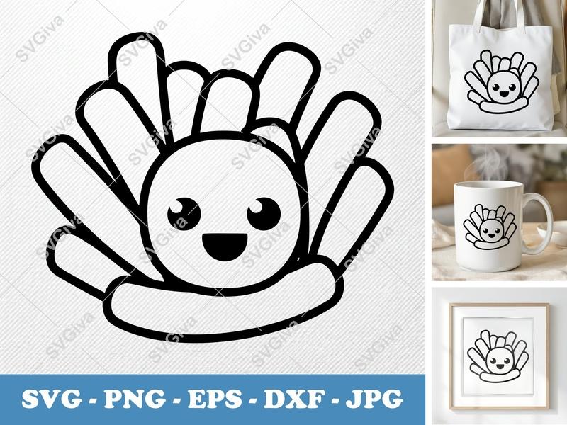French Fries with Smiling Face SVG | Puffy Soft Shapes | Inflated Pillow-Soft Forms | PNG DXF EPS | Cricut Silhouette Cut File