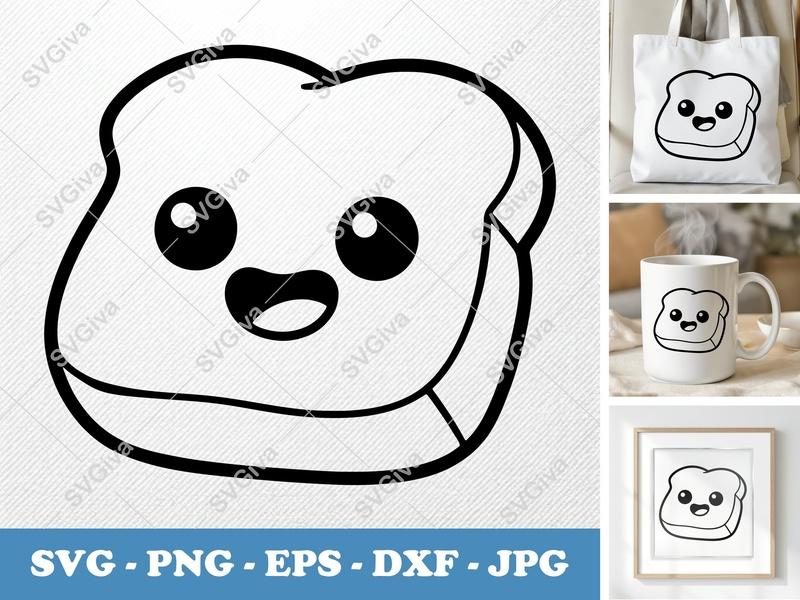 French Toast with Smiling Face SVG PNG DXF EPS | Kawaii Food Cut File Cricut Silhouette
