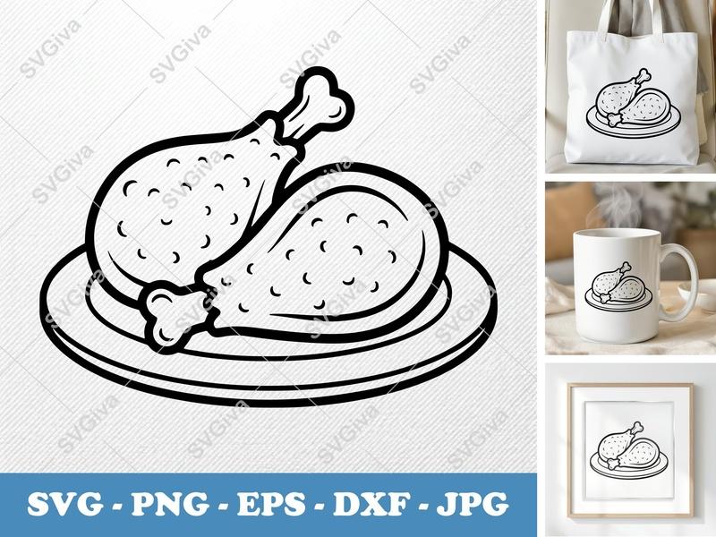 Fried Chicken on Plate SVG PNG DXF EPS | Food Cut File Cricut Silhouette Vector Kitchen
