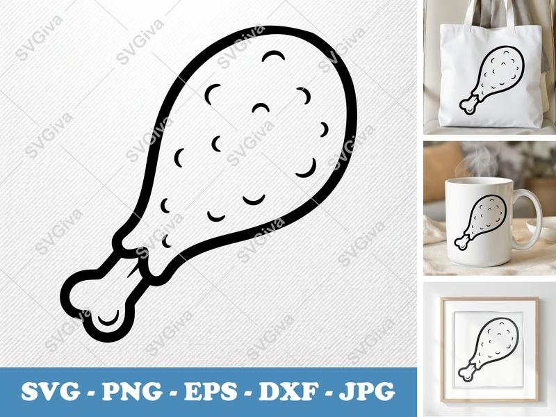 Fried Chicken SVG | Drumstick Cut File PNG DXF EPS Cricut Silhouette | Kitchen Vector