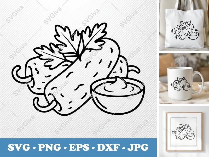 Fried Pickles SVG, Line Art Pickles with Dip & Garnish, PNG EPS DXF for Cricut, Silhouette, Food Clipart, Kitchen Decor