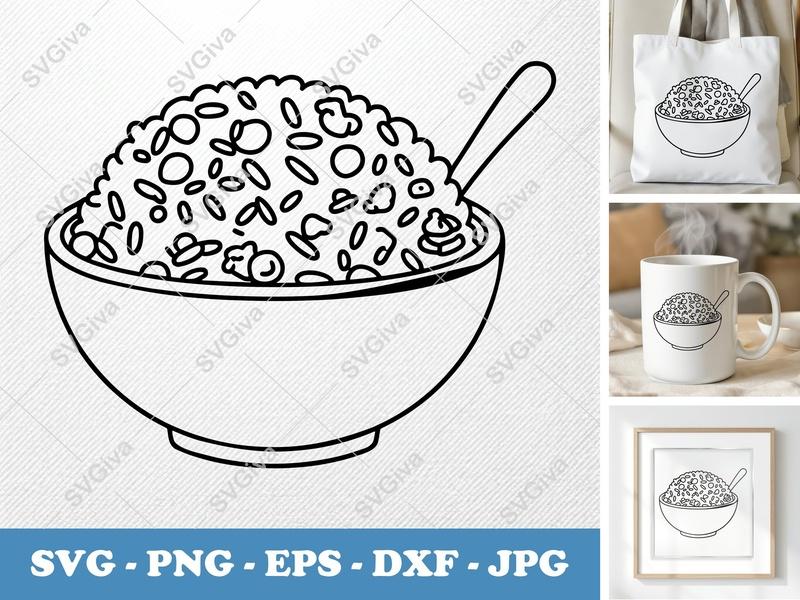 Fried Rice SVG, Bowl with Spoon Clipart, Asian Food Vector, PNG, EPS, DXF for Cricut & Silhouette, Modern Clean Design