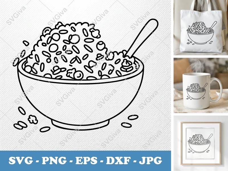 Fried Rice SVG, Bowl with Spoon Clipart, Modern Clean Food Graphic | PNG EPS DXF for Cricut & Silhouette