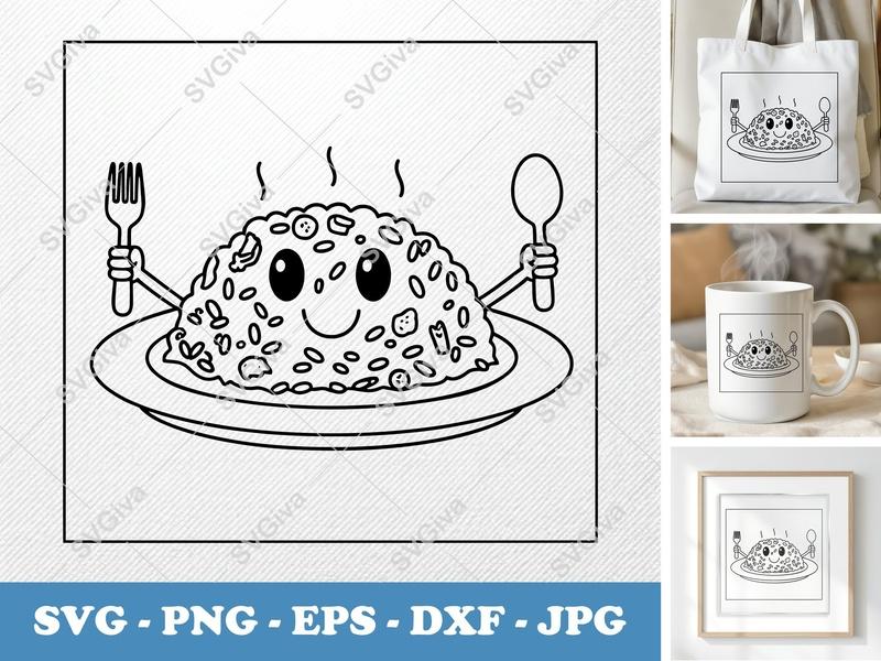 Fried Rice SVG, Cute Kawaii Food with Fork Spoon, Steaming Hot Dish PNG EPS DXF for Cricut & Silhouette, Kitchen Decor