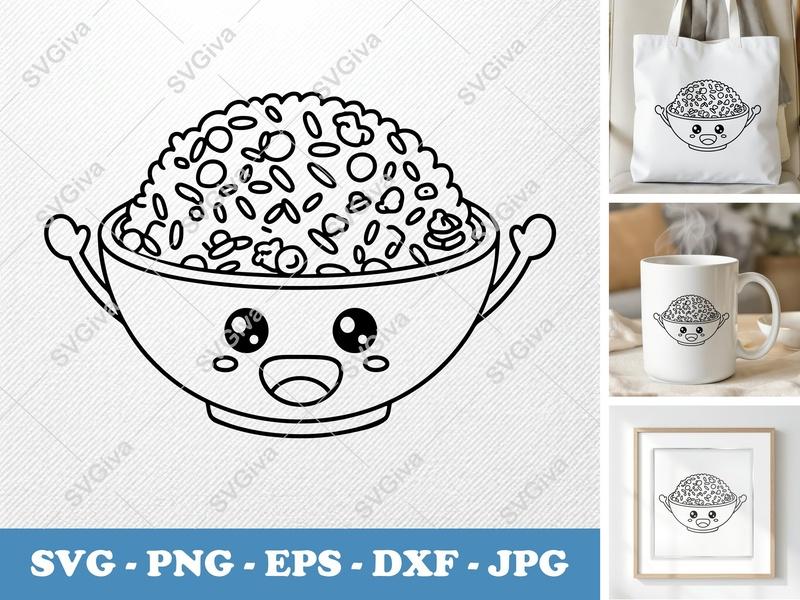 Fried Rice SVG | Kawaii Bowl Clipart | Happy Food PNG EPS DXF | Cricut Silhouette Cut File