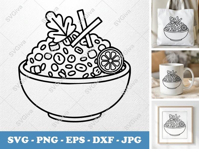 Fried Rice SVG | Modern Bowl Design with Chopsticks & Lemon Slice | PNG EPS DXF | Cricut Silhouette Cut File