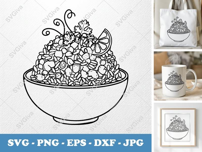 Fried Rice SVG | Modern Bowl Design with Garnish & Lemon Slice | PNG EPS DXF for Cricut & Silhouette