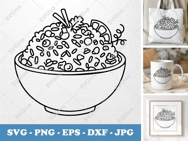 Fried Rice SVG | Modern Bowl Design with Garnish | PNG EPS DXF for Cricut & Silhouette | Food Cut File
