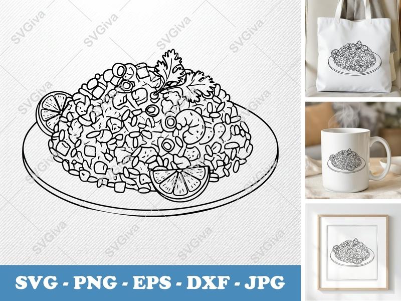 Fried Rice SVG | Modern Clean Design, Food Plate Image, Lemon & Cilantro | PNG EPS DXF for Cricut & Silhouette
