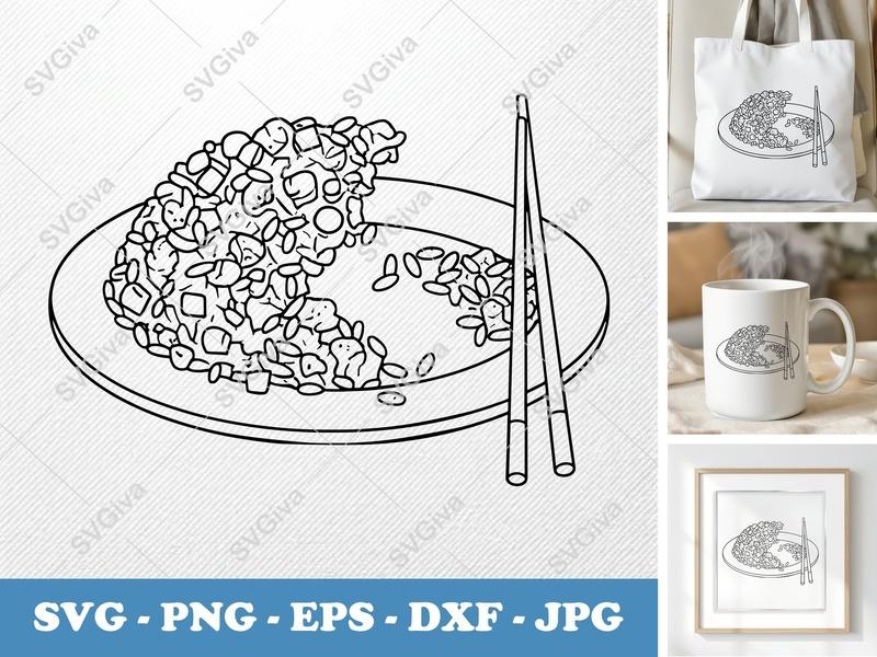 Fried Rice SVG, Plate and Chopsticks Cut File, Modern Clean Design PNG EPS DXF for Cricut & Silhouette