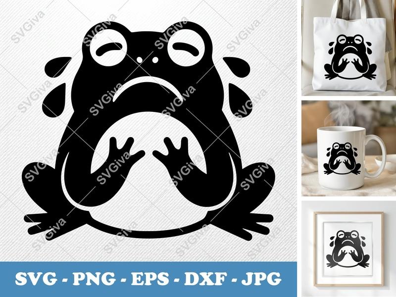 Frog Crying SVG, Sad Frog Cut File, Modern Toad PNG EPS DXF for Cricut, Silhouette, Vector Clipart, Emotional Animal Design