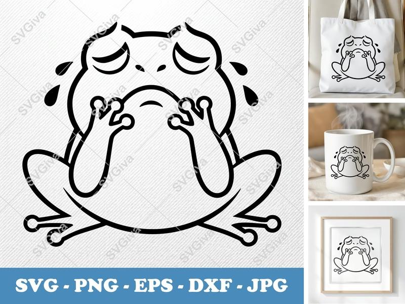 Frog Crying SVG, Sad Toad Outline, Tears PNG EPS DXF, Cricut Silhouette Cut File, Animal Clipart Vector
