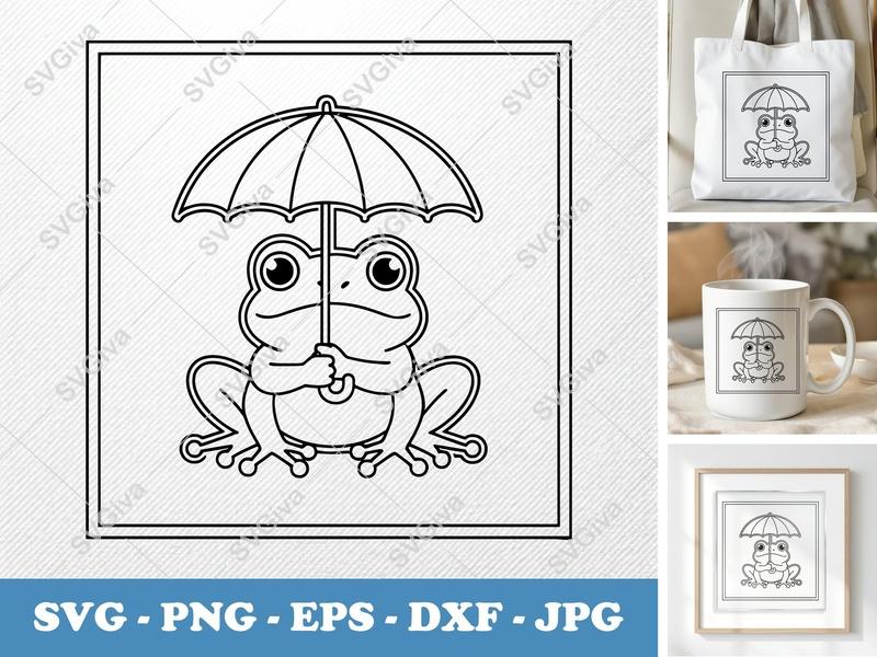 Frog Holding Umbrella SVG PNG DXF EPS | Cricut Silhouette Cut File | Animal Outline Vector
