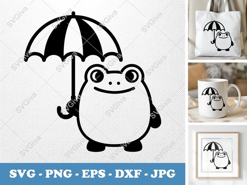 Frog holding umbrella SVG | Puffy Pillow Soft Shapes | PNG DXF EPS | Cricut Silhouette File